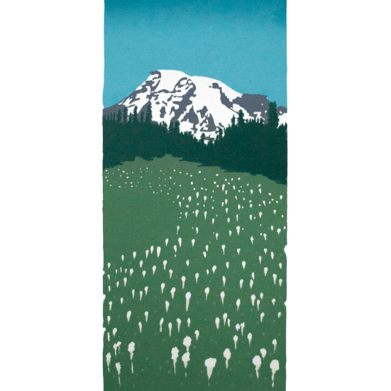 Mount Rainier with a field of bear grass flowers in the forground
