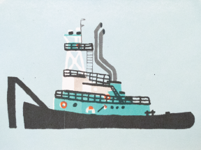 thumbnail of a screenprint of an aqua tugboat