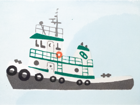 thumbnail of a screenprint of a green tugboat