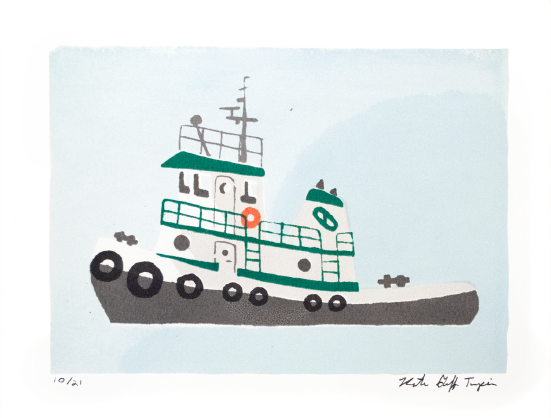 a tugboat with green details on a sky blue background