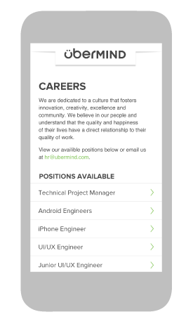 webdesign of the careers page of the übermind mobile website