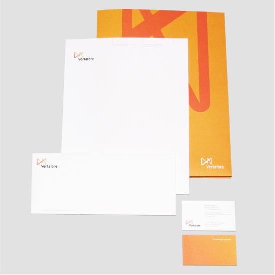 letterhead, folder, and business cards in the Vertafore brand