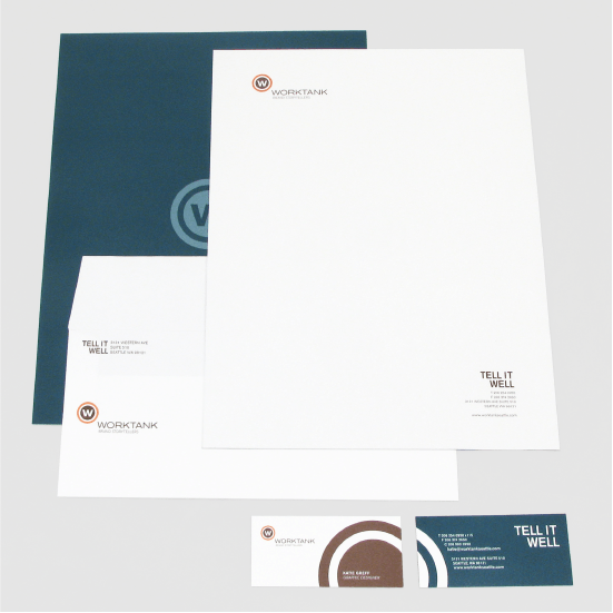 Letterhead, envelope, and business cards in the Worktank brand