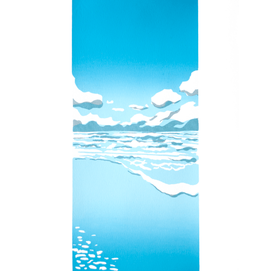 A scene of surf, beach and clouds with the Pacific Ocean receeding in the horizon