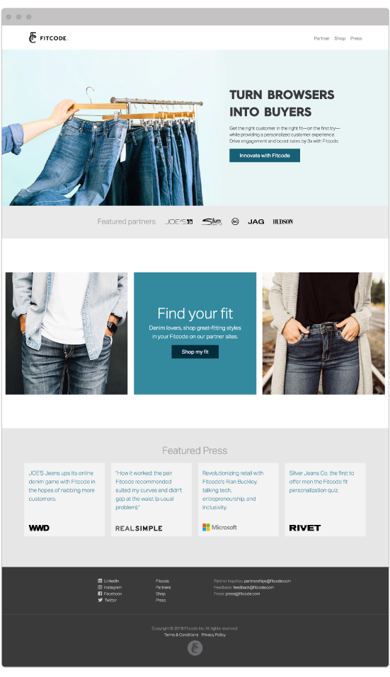 webdesign for landing page of fitcode website