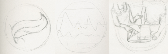 Sketches of a feather, a chart, and two people discussing jeans