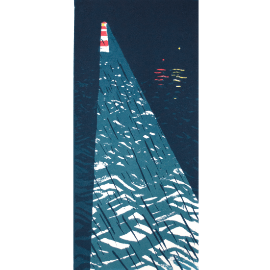 Lighthouse shining a beam of light through a dark stormy night as a ship find it's way towards safety